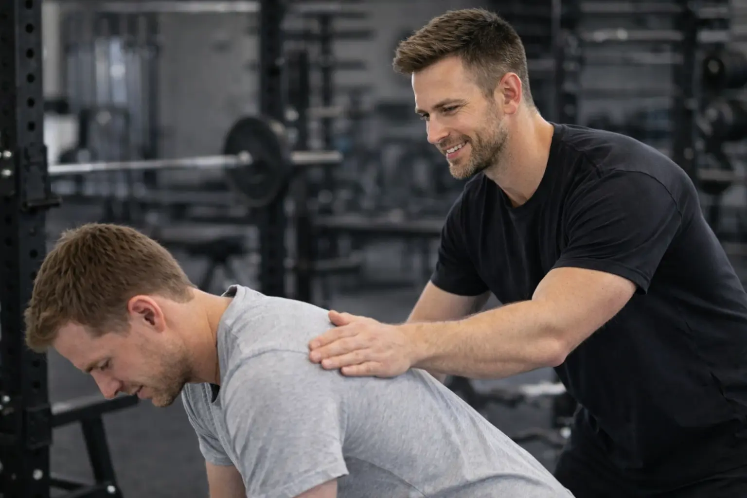 Justin Hall coaching a man on proper hip hinge form in a gym.