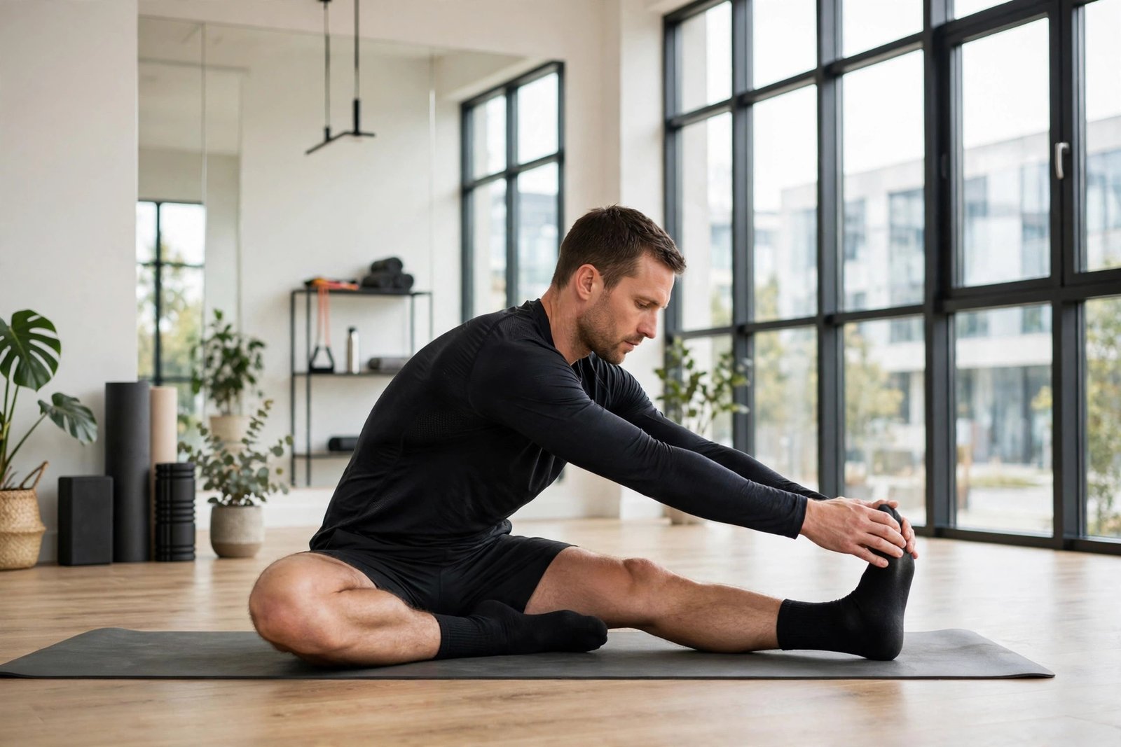 Athletic man doing a seated forward fold stretch as part of a dancer flexibility routine in a bright studio