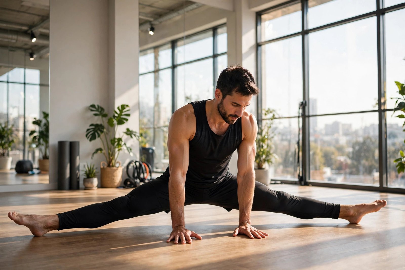 Man practicing a floor split stretch as part of a weekly dancer flexibility routine at home